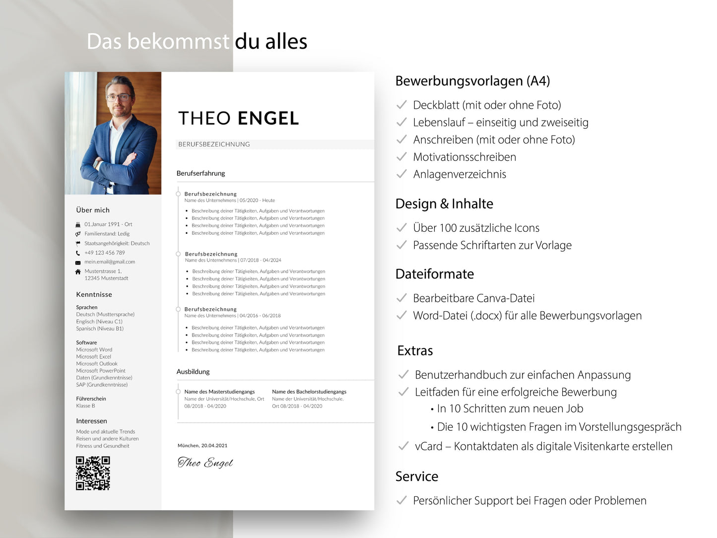 Komplettes modernes CV Set für Word und Canva mit Deckblatt, Lebenslauf, Anschreiben und Bonus-Guides für die Bewerbung.