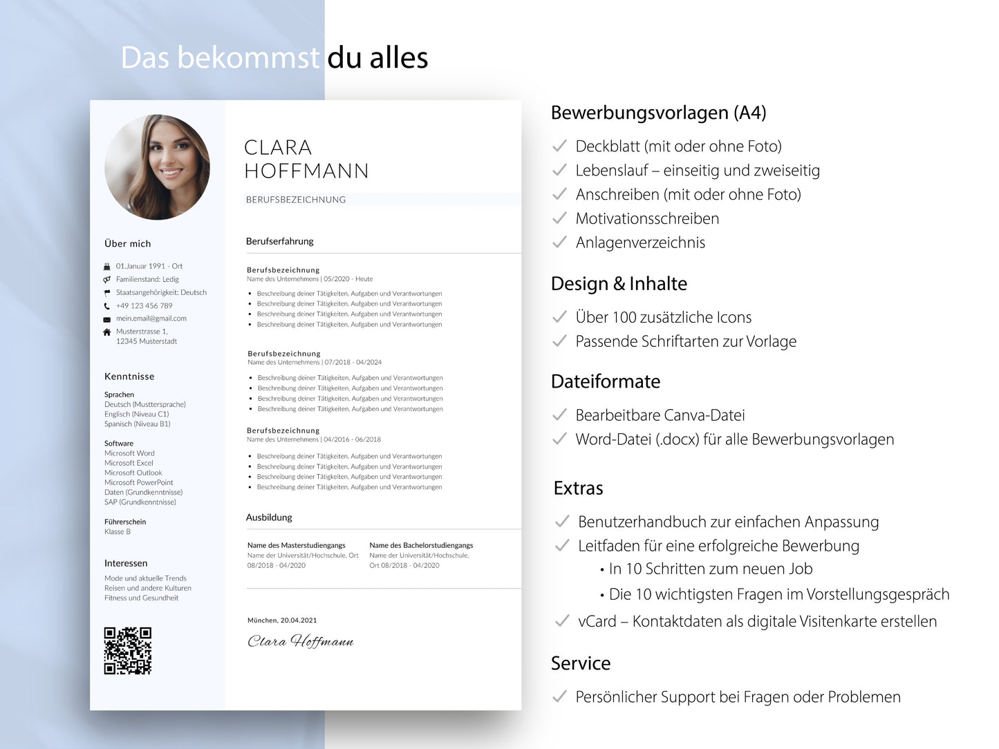 Übersicht des 9-teiligen Bewerbungssets in Deutsch mit Lebenslauf-Vorlage, Icons und Extras für Word und Canva.