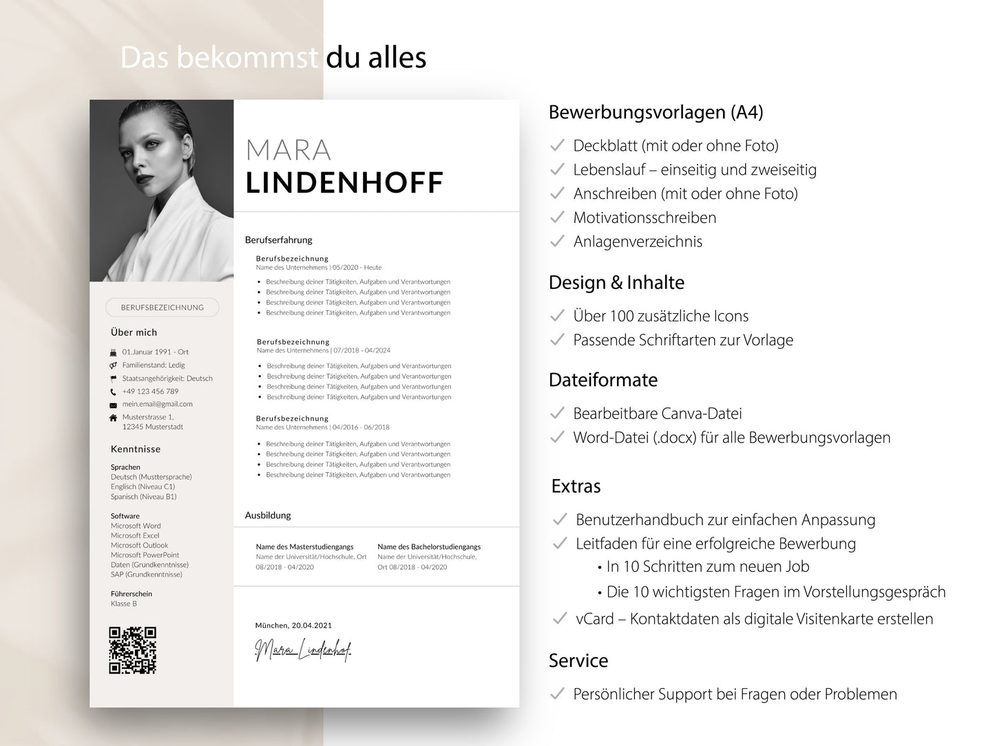 Übersicht aller Inhalte der 9-seitigen Bewerbungsvorlage für Word & Canva inklusive Extras, Icons und vCard-Bonus.