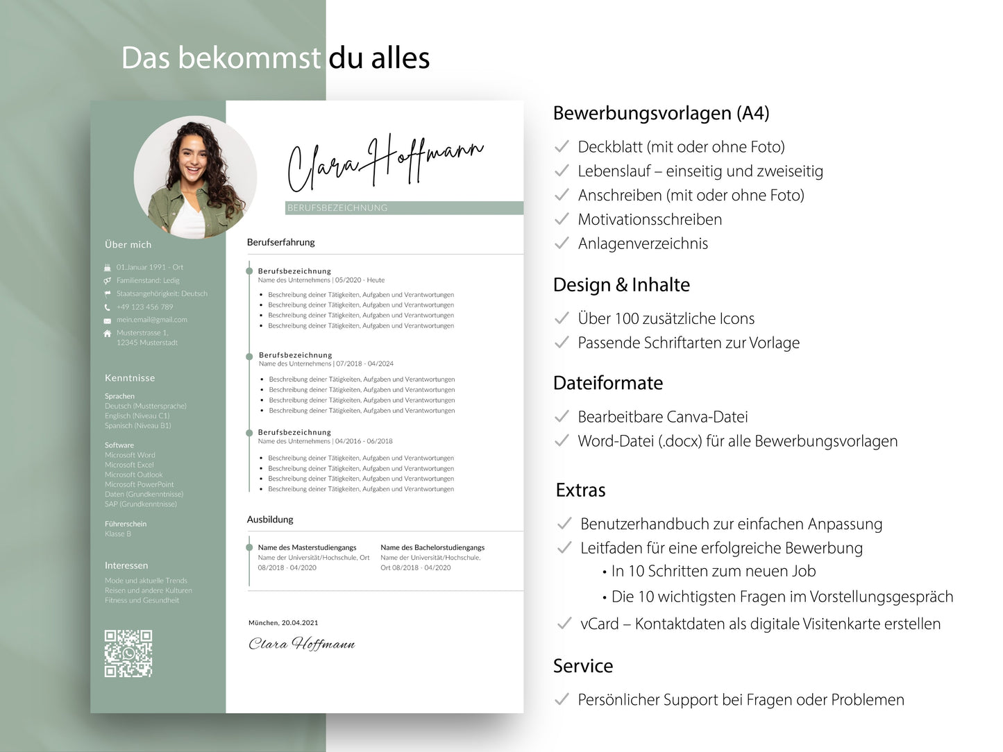 Übersicht der professionellen Lebenslauf Vorlage für Word und Canva mit allen Inhalten für eine komplette Bewerbung.