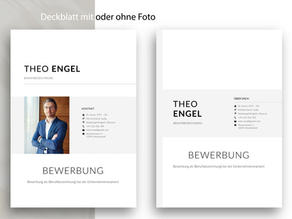 Modernes Deckblatt für die Bewerbung in zwei Varianten mit und ohne Foto als Teil der Vorlage für Word und Canva.