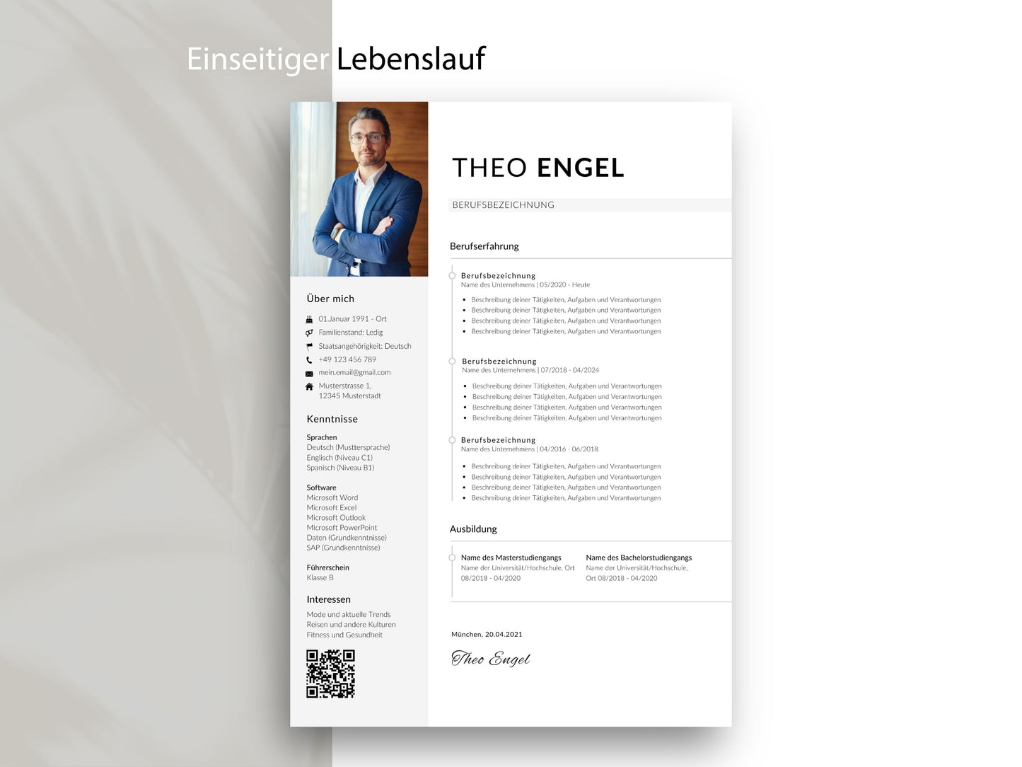 Professionelle einseitige Lebenslauf Vorlage für Word und Canva in modernem Design für eine strukturierte Bewerbung.