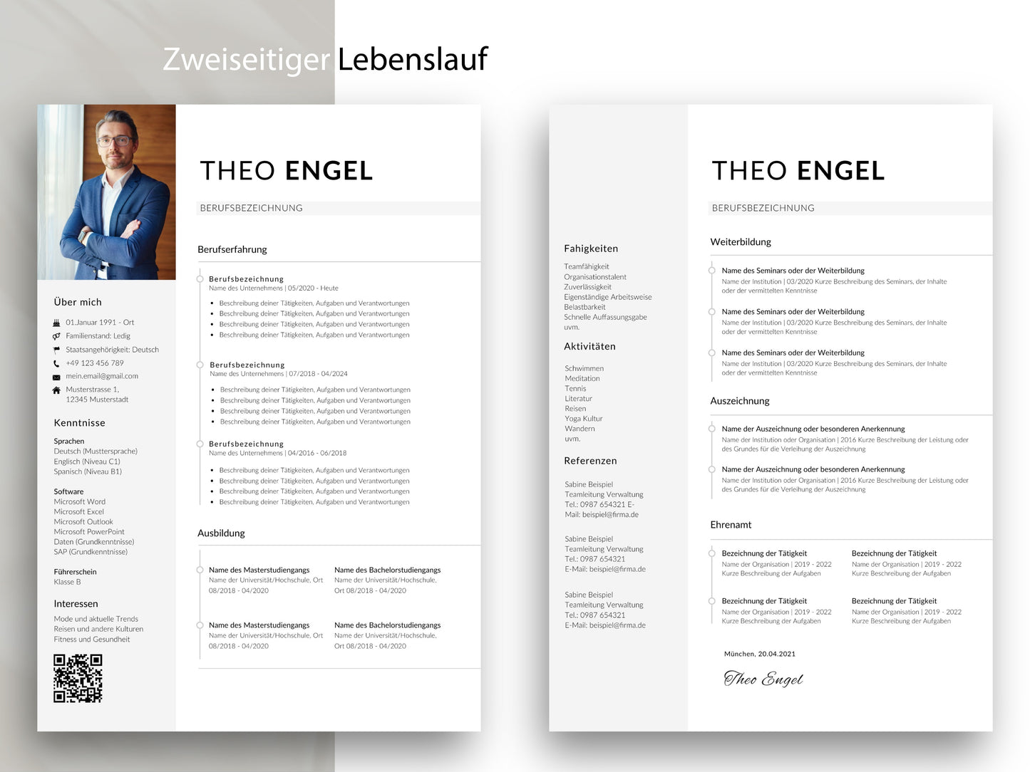 Zweiseitige Lebenslauf Vorlage für Word und Canva im modernen Design für umfangreiche Berufserfahrung und Qualifikationen.