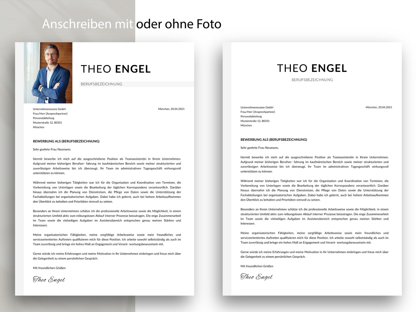 Professionelles Anschreiben für die Bewerbung in zwei Versionen mit und ohne Foto, passend zur Vorlage für Word und Canva.