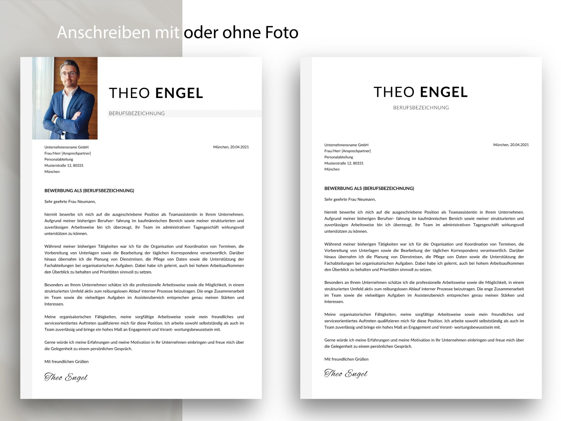 Professionelles Anschreiben für die Bewerbung in zwei Versionen mit und ohne Foto, passend zur Vorlage für Word und Canva.