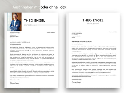 Professionelles Anschreiben für die Bewerbung in zwei Versionen mit und ohne Foto, passend zur Vorlage für Word und Canva.