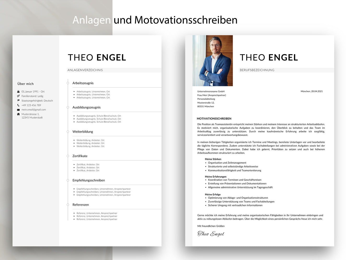 Strukturiertes Motivationsschreiben und Anlagenverzeichnis als Teil der modernen Lebenslauf Vorlage für Word und Canva.