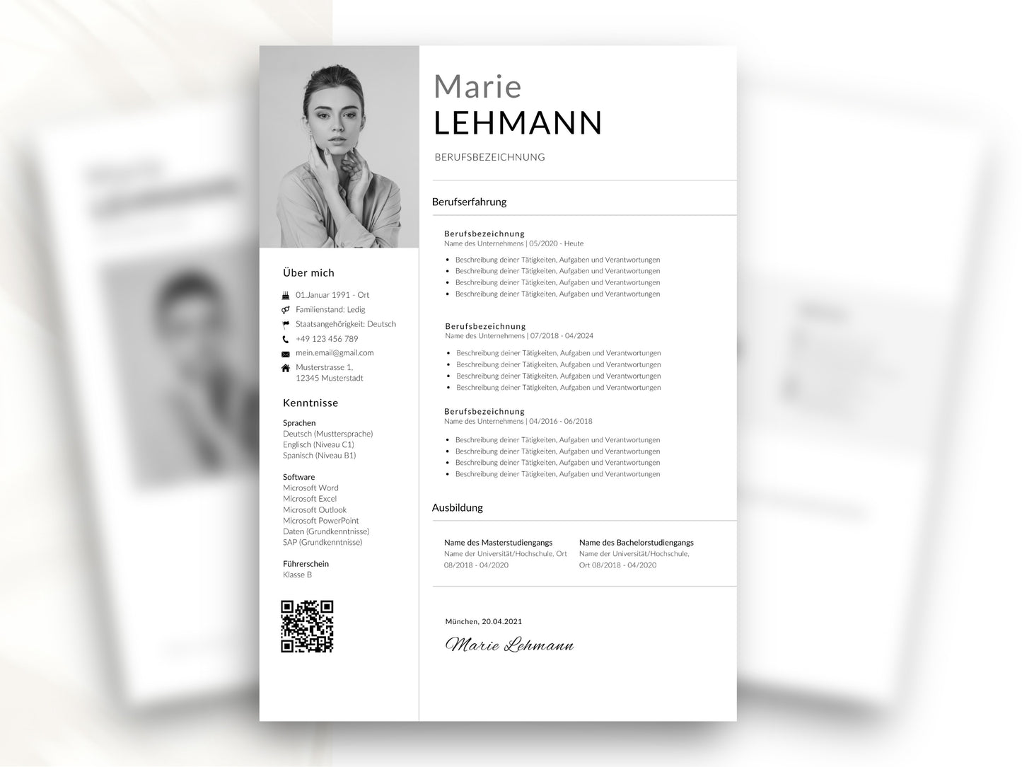 Moderne Lebenslauf-Vorlage in Deutsch mit professionellem Design für eine strukturierte Darstellung von Berufserfahrung.