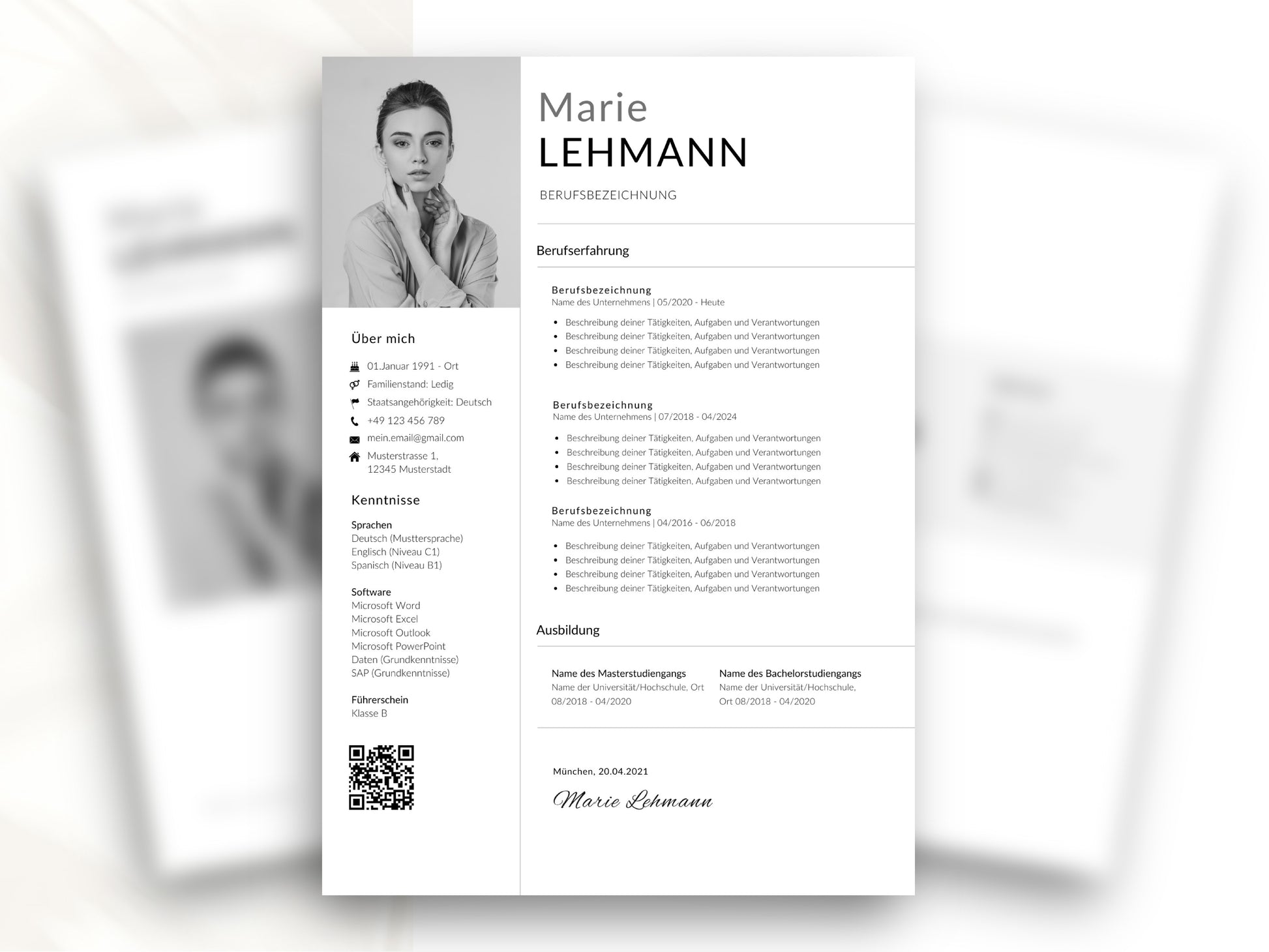 Moderne Lebenslauf-Vorlage in Deutsch mit professionellem Design für eine strukturierte Darstellung von Berufserfahrung.