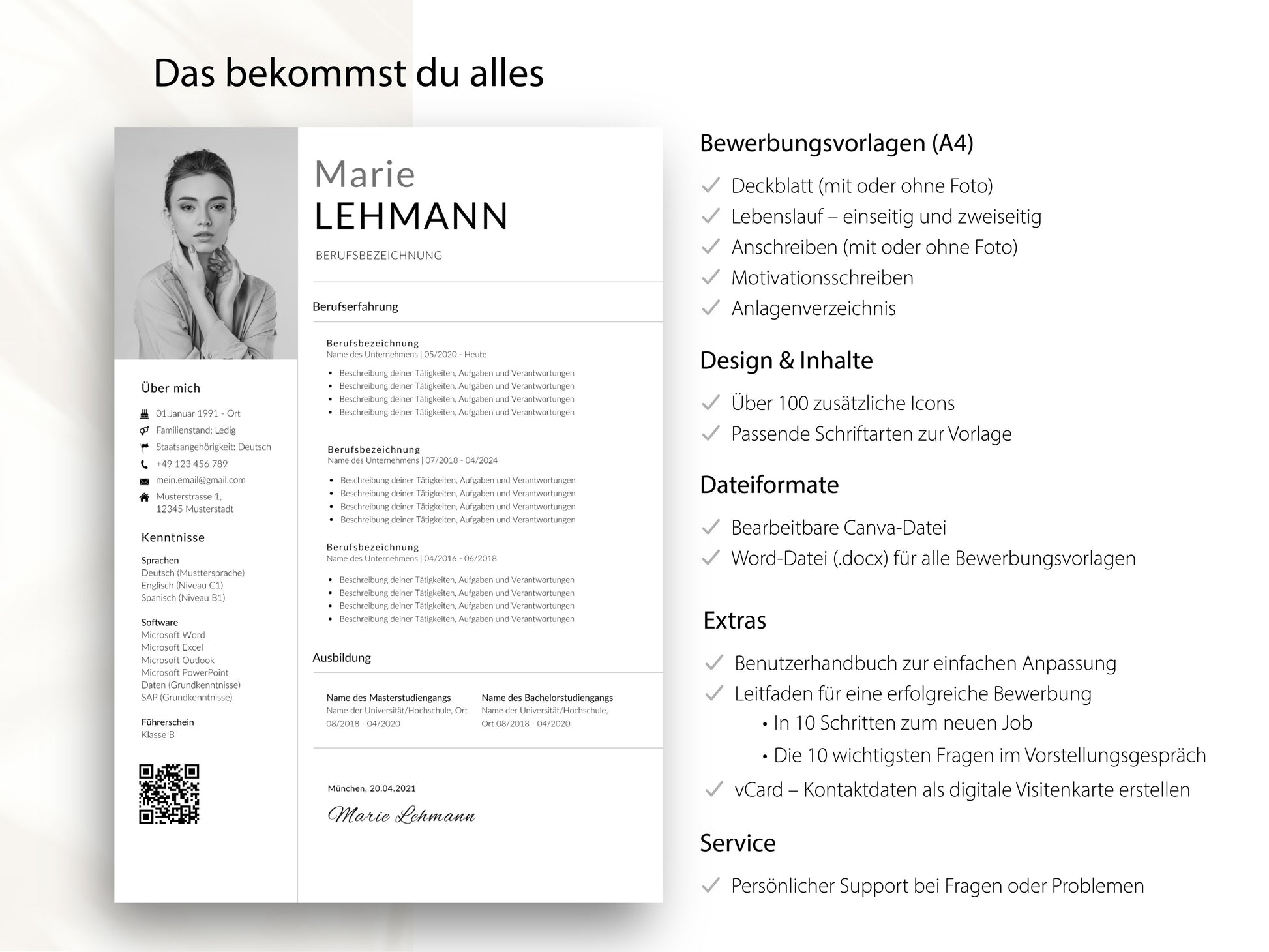 Vollständiges Set der modernen CV-Vorlage inklusive Anschreiben, Deckblatt und Extras für Word und Canva auf einen Blick.