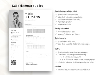 Vollständiges Set der modernen CV-Vorlage inklusive Anschreiben, Deckblatt und Extras für Word und Canva auf einen Blick.