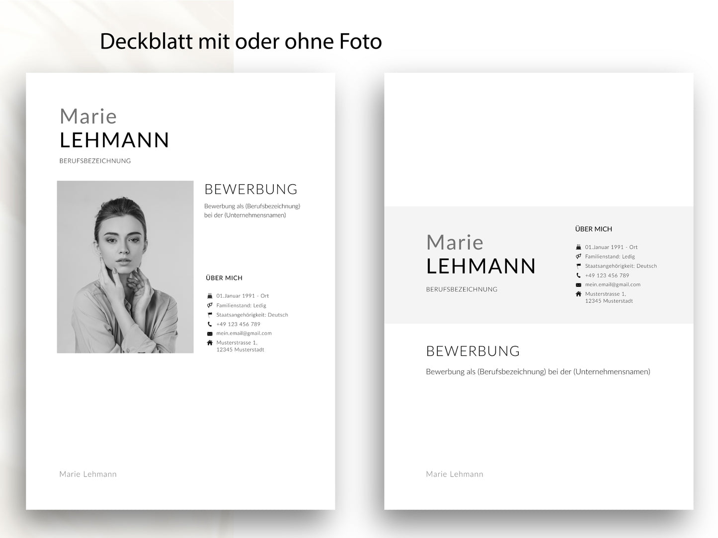 Professionelles Deckblatt der Bewerbung in modernem Design, wahlweise mit oder ohne Foto für einen starken ersten Eindruck.