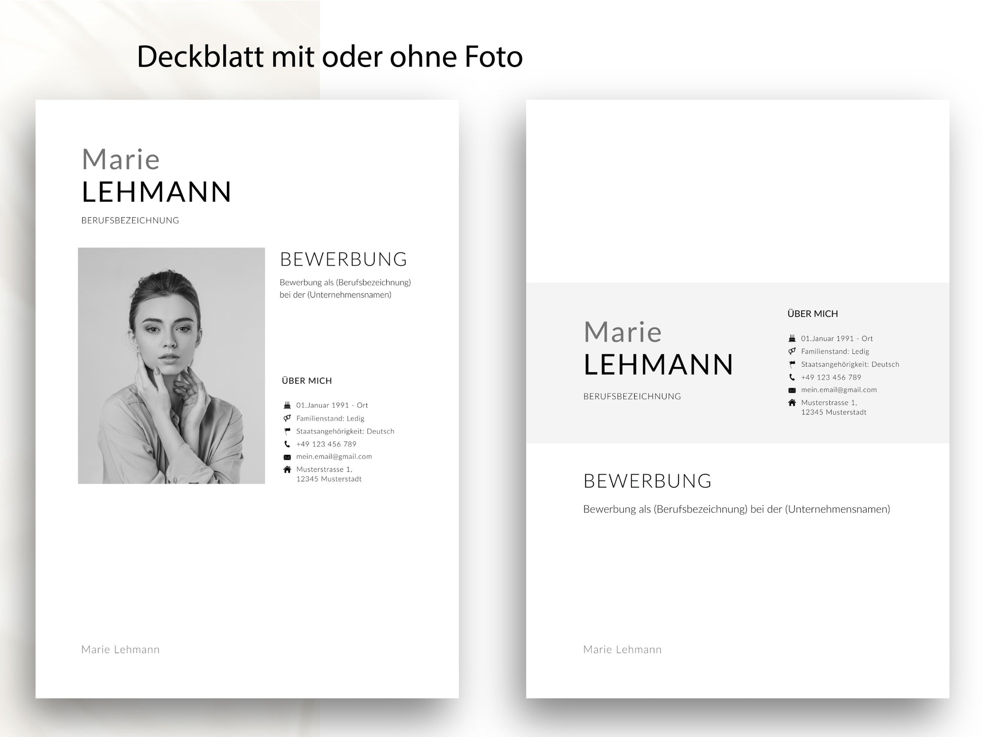 Professionelles Deckblatt der Bewerbung in modernem Design, wahlweise mit oder ohne Foto für einen starken ersten Eindruck.