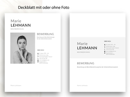 Professionelles Deckblatt der Bewerbung in modernem Design, wahlweise mit oder ohne Foto für einen starken ersten Eindruck.