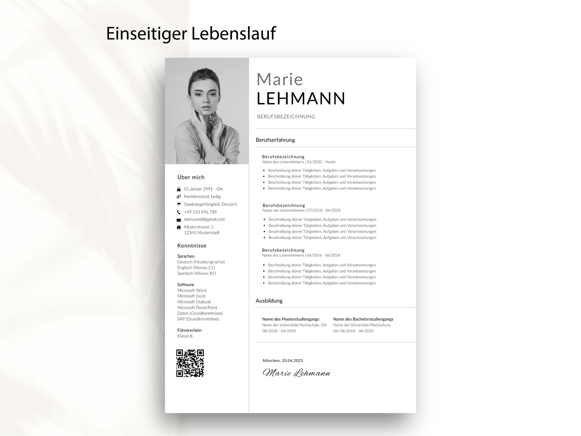 Einseitige CV-Vorlage auf Deutsch in modernem Design für eine kompakte und übersichtliche Darstellung Ihrer Bewerbung.