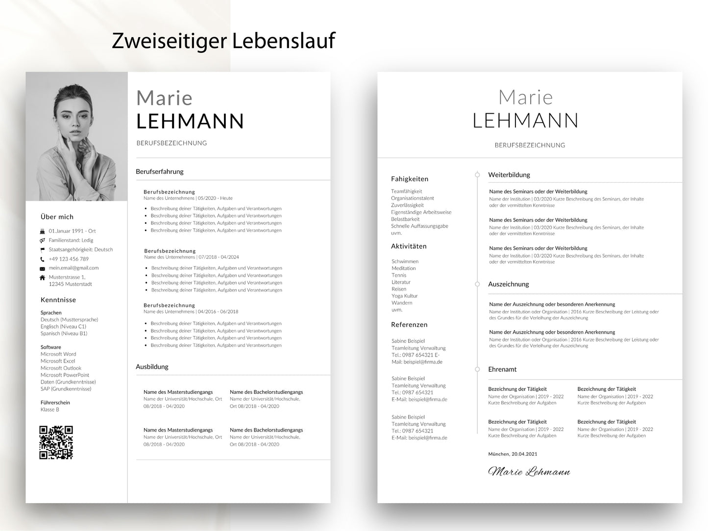 Zweiseitige Lebenslauf-Vorlage in modernem Design für umfangreiche Berufserfahrung in einer strukturierten Bewerbung.