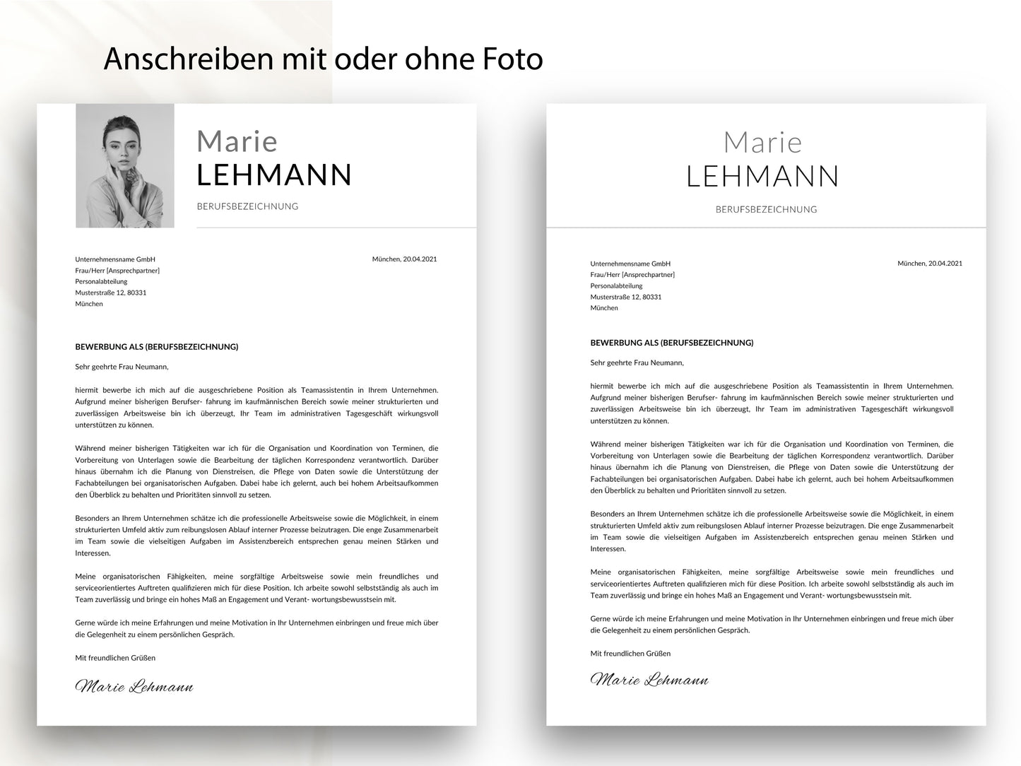 Professionelles Anschreiben als Teil der Bewerbungsvorlage in modernem Design, flexibel gestaltbar mit oder ohne Foto.