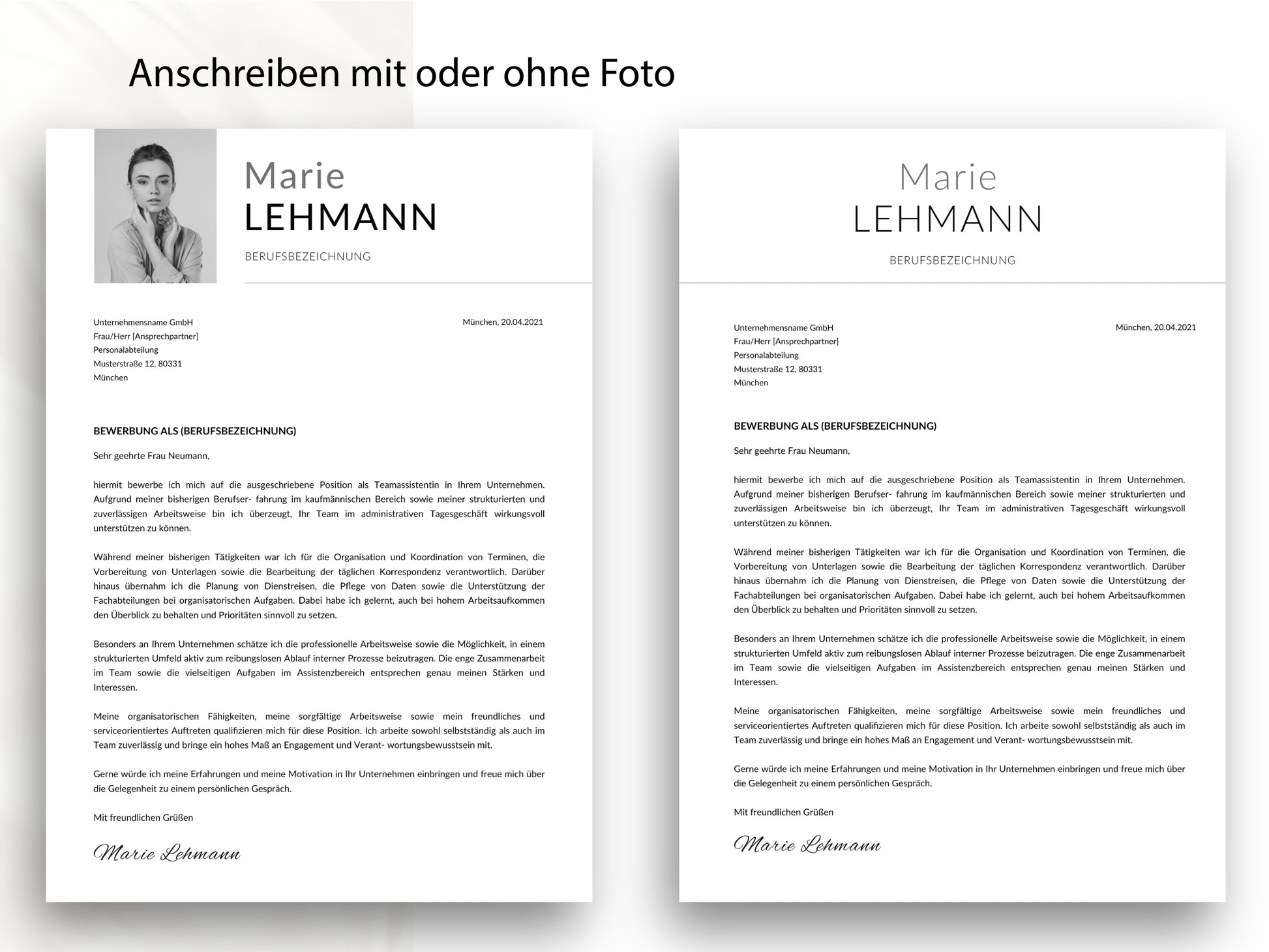 Professionelles Anschreiben als Teil der Bewerbungsvorlage in modernem Design, flexibel gestaltbar mit oder ohne Foto.