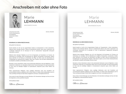 Professionelles Anschreiben als Teil der Bewerbungsvorlage in modernem Design, flexibel gestaltbar mit oder ohne Foto.