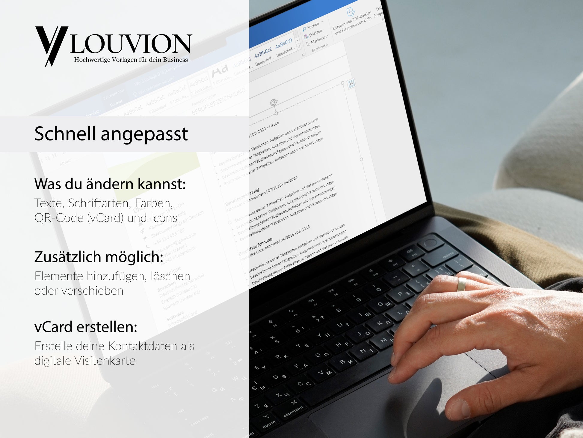 Einfache Bearbeitung der modernen Lebenslauf-Vorlage am Laptop zur individuellen Anpassung von Texten, Farben und Icons.