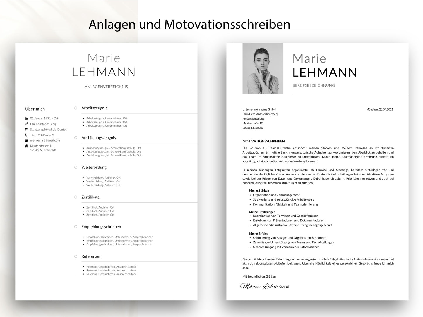 Stimmiges Motivationsschreiben und Anlagenverzeichnis im modernen Design für eine vollständige und professionelle Bewerbung.