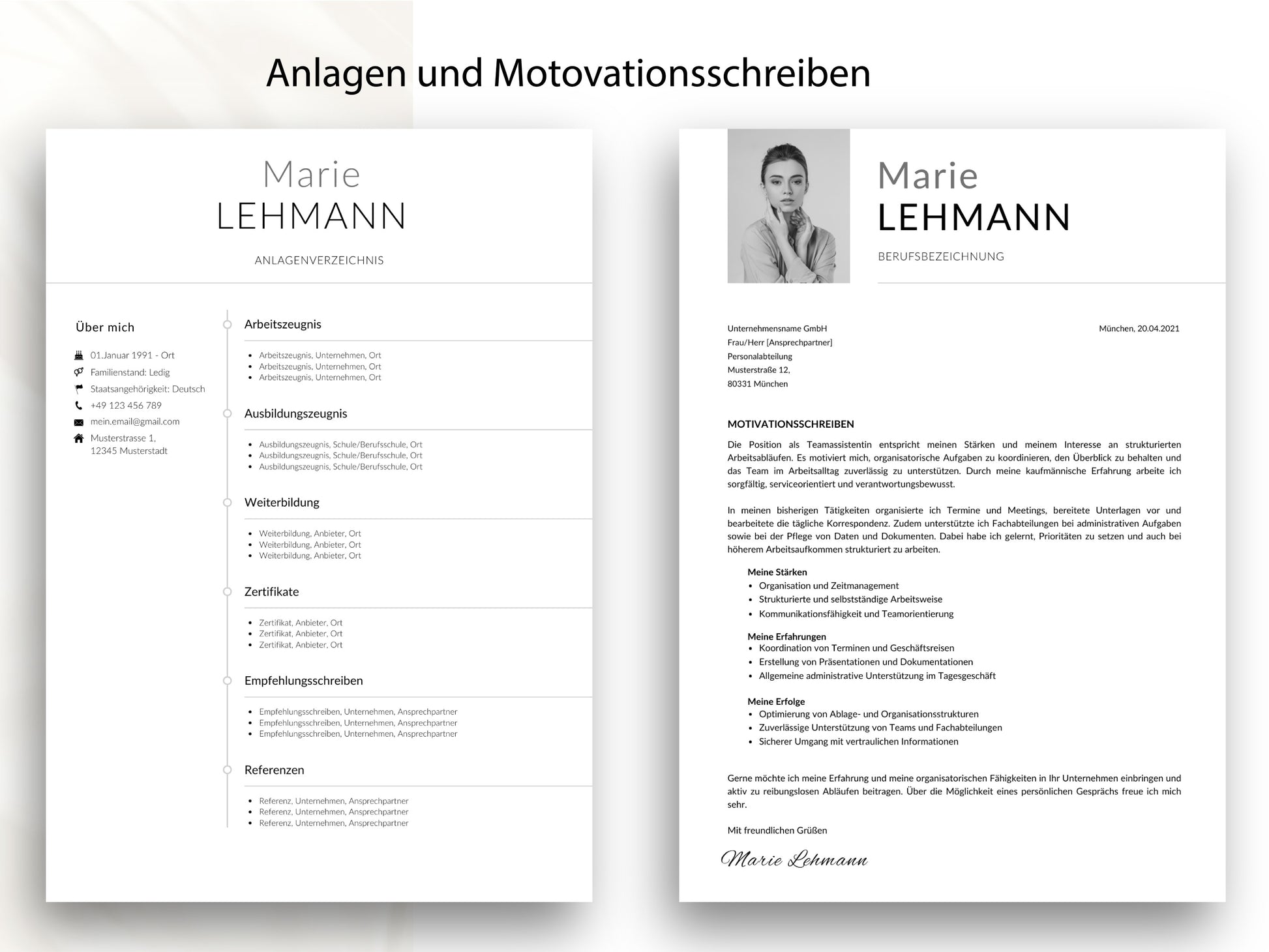 Stimmiges Motivationsschreiben und Anlagenverzeichnis im modernen Design für eine vollständige und professionelle Bewerbung.