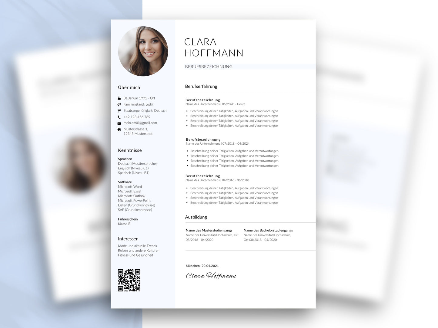 Modern strukturierte Lebenslauf-Vorlage in Deutsch für Word und Canva mit Platz für Foto, Profil und Berufserfahrung.