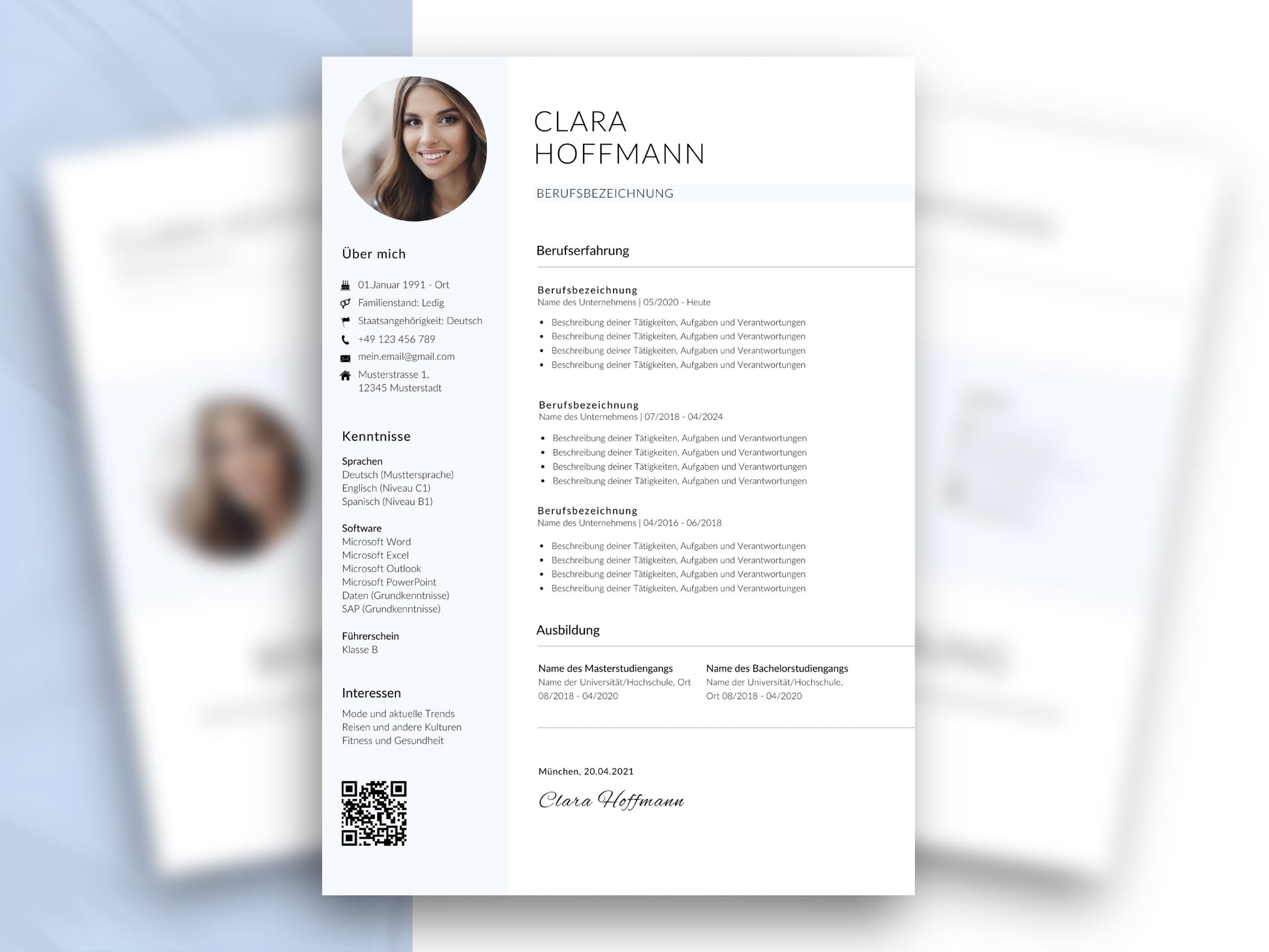 Modern strukturierte Lebenslauf-Vorlage in Deutsch für Word und Canva mit Platz für Foto, Profil und Berufserfahrung.