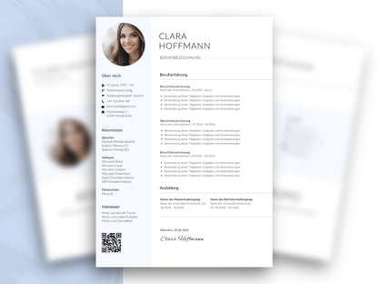 Modern strukturierte Lebenslauf-Vorlage in Deutsch für Word und Canva mit Platz für Foto, Profil und Berufserfahrung.
