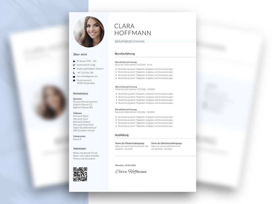 Modern strukturierte Lebenslauf-Vorlage in Deutsch für Word und Canva mit Platz für Foto, Profil und Berufserfahrung.