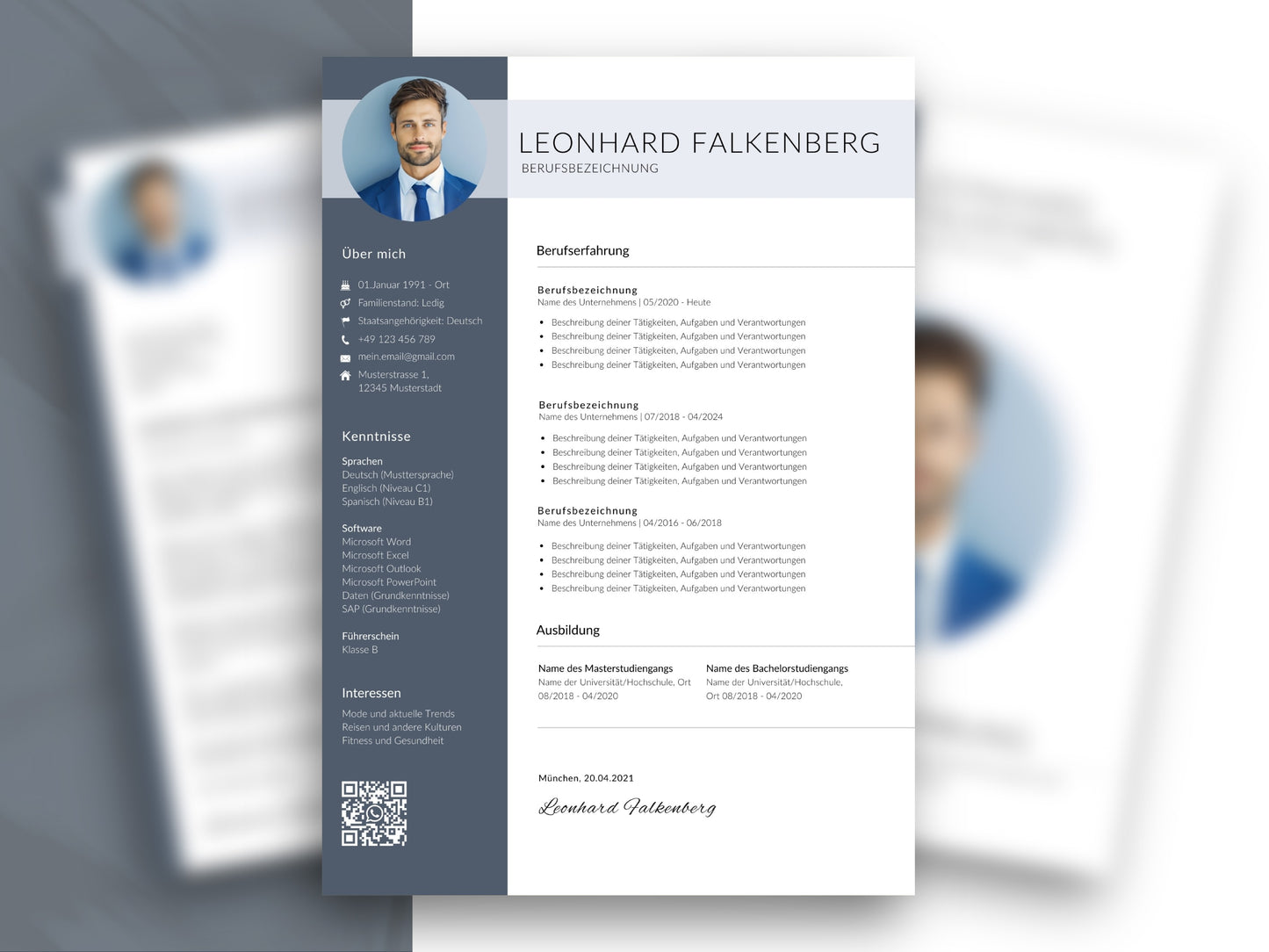 Professionelle Lebenslauf-Vorlage in modernem Design als Word- und Canva-Datei für eine strukturierte Bewerbung auf Deutsch.