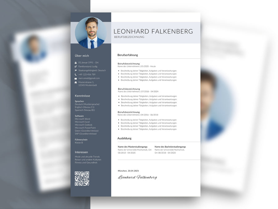 Professionelle Lebenslauf-Vorlage in modernem Design als Word- und Canva-Datei für eine strukturierte Bewerbung auf Deutsch.
