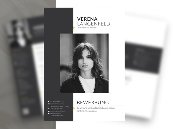 Modernes Deckblatt dieser Lebenslauf Vorlage Deutsch für Word und Canva mit professionellem Design und Platz für ein Foto.