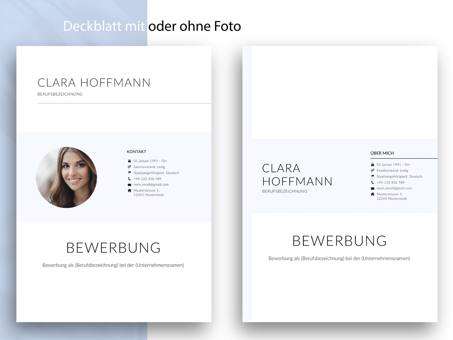Professionelles Deckblatt der Bewerbungsvorlage in zwei Varianten, mit und ohne Foto, für Word und Canva in Deutsch.