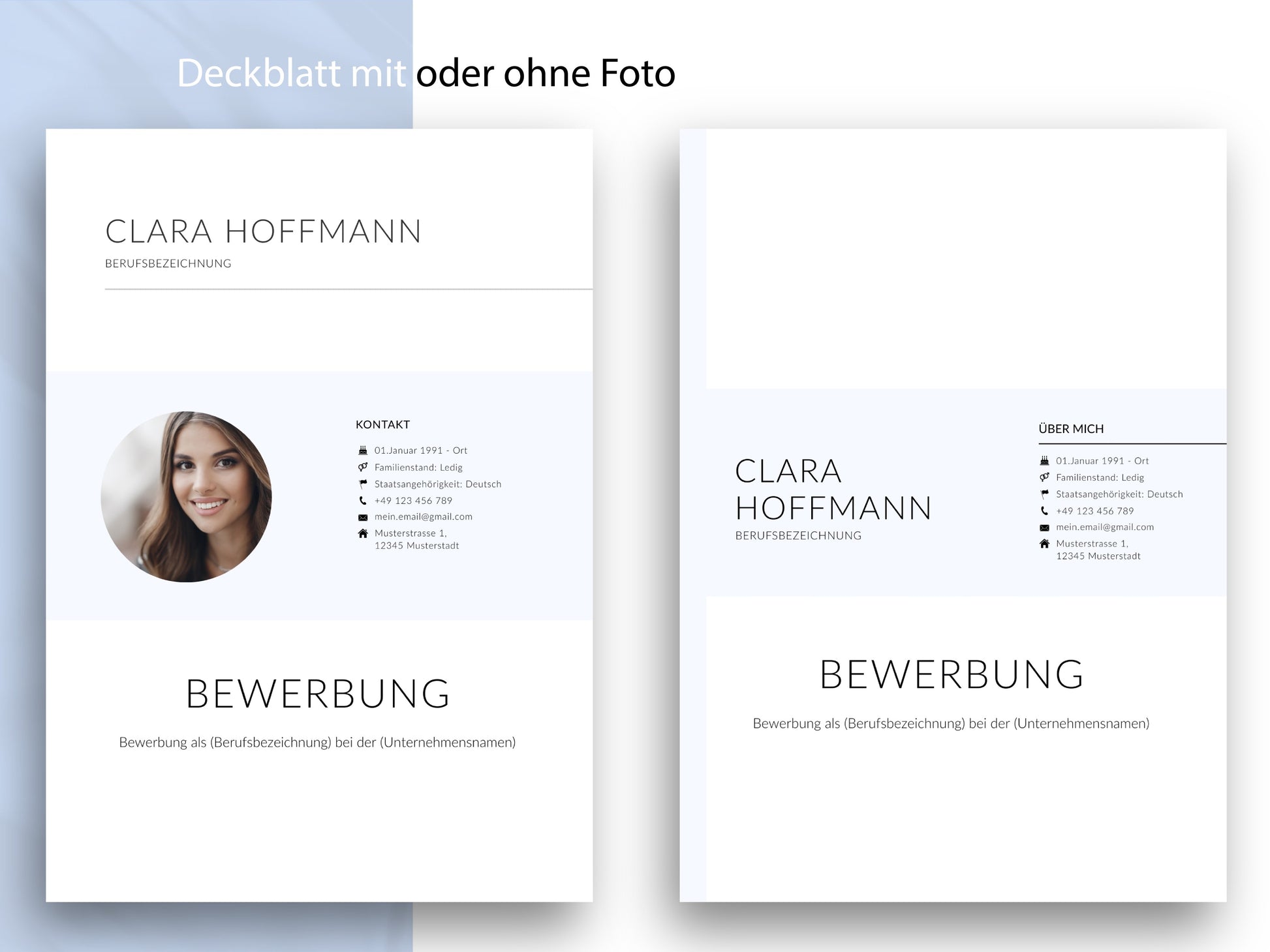 Professionelles Deckblatt der Bewerbungsvorlage in zwei Varianten, mit und ohne Foto, für Word und Canva in Deutsch.