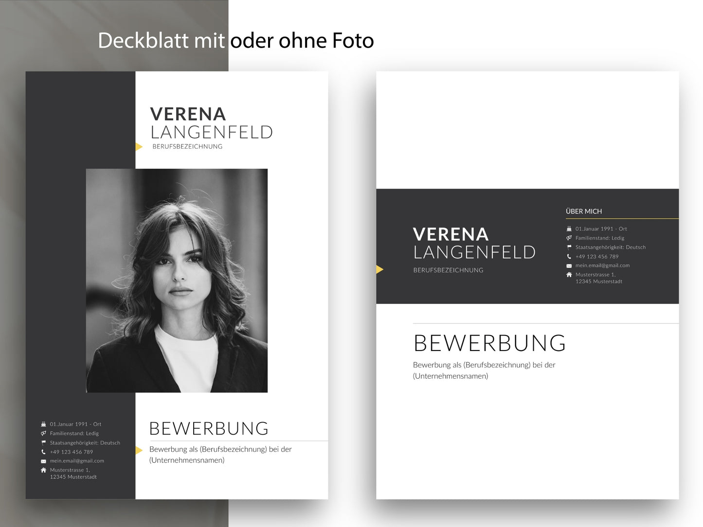 Zwei Varianten des Deckblatts dieser Bewerbungsvorlage für Word und Canva, wahlweise mit oder ohne Bewerbungsfoto gestaltet.