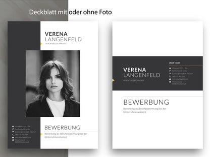 Zwei Varianten des Deckblatts dieser Bewerbungsvorlage für Word und Canva, wahlweise mit oder ohne Bewerbungsfoto gestaltet.