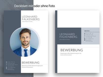 Zwei Varianten für ein professionelles Deckblatt der Bewerbung mit und ohne Foto im modernen Design als Word- & Canva-Datei.