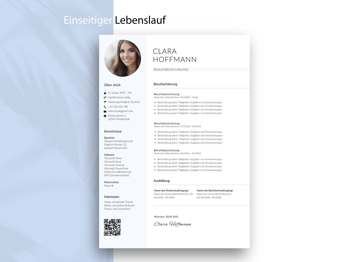 Einseitige Lebenslauf-Vorlage im modernen Design für Word und Canva als Teil des 9-teiligen Bewerbungssets in Deutsch.
