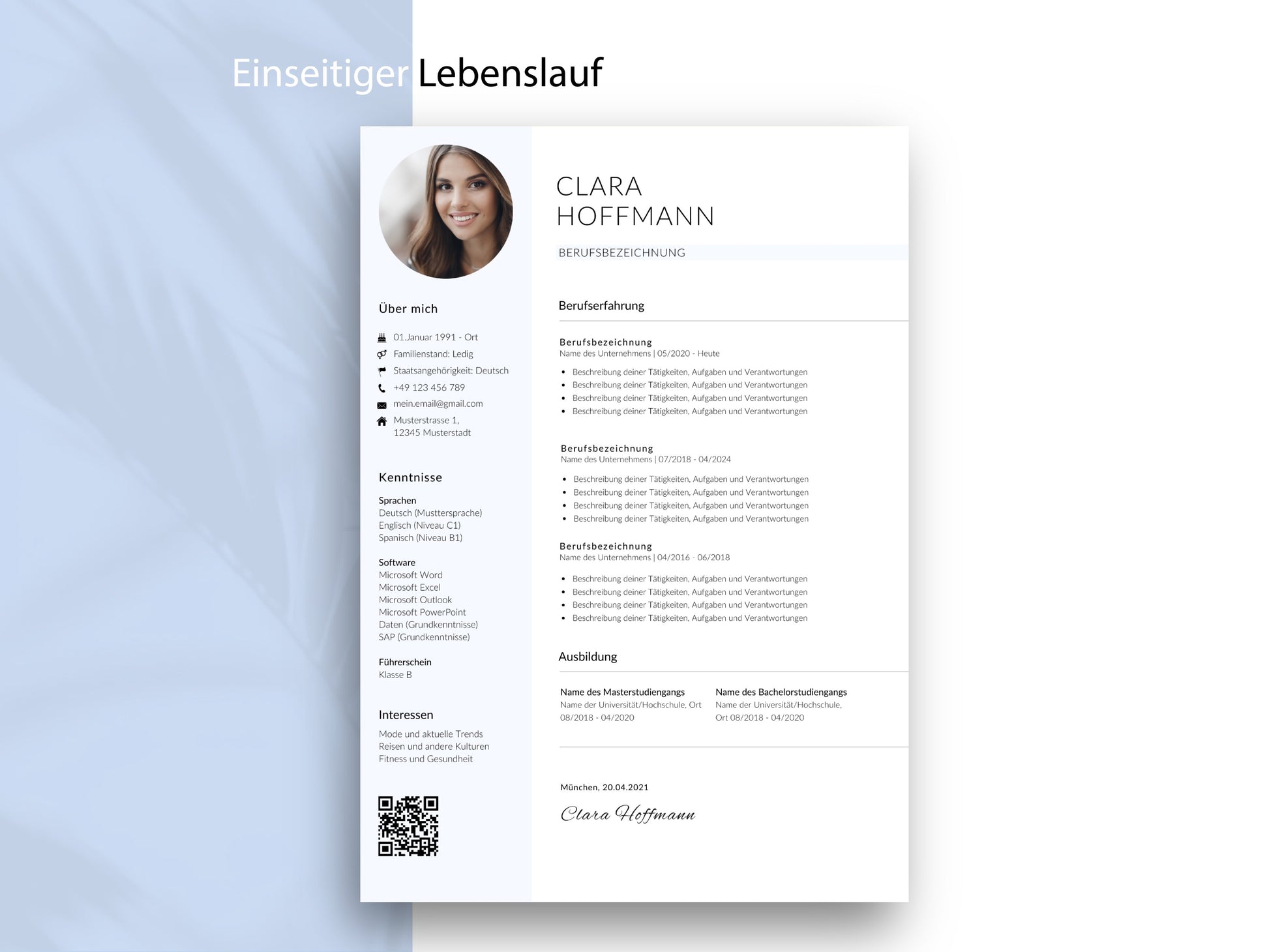 Einseitige Lebenslauf-Vorlage im modernen Design für Word und Canva als Teil des 9-teiligen Bewerbungssets in Deutsch.