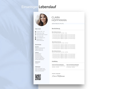 Einseitige Lebenslauf-Vorlage im modernen Design für Word und Canva als Teil des 9-teiligen Bewerbungssets in Deutsch.