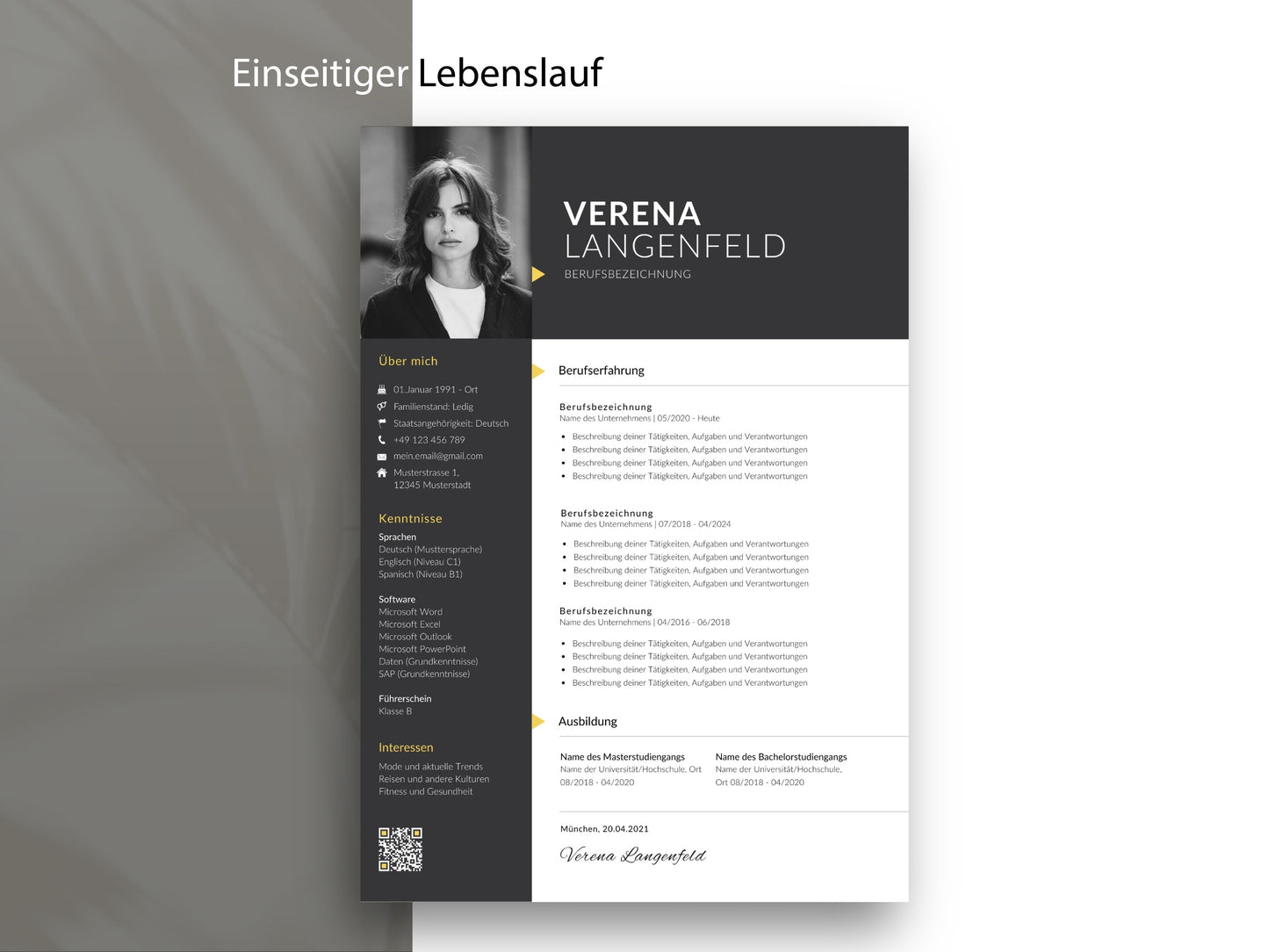 Einseitige Lebenslauf Vorlage Deutsch im modernen Design für Word und Canva mit strukturierter Darstellung der Berufserfahrung.