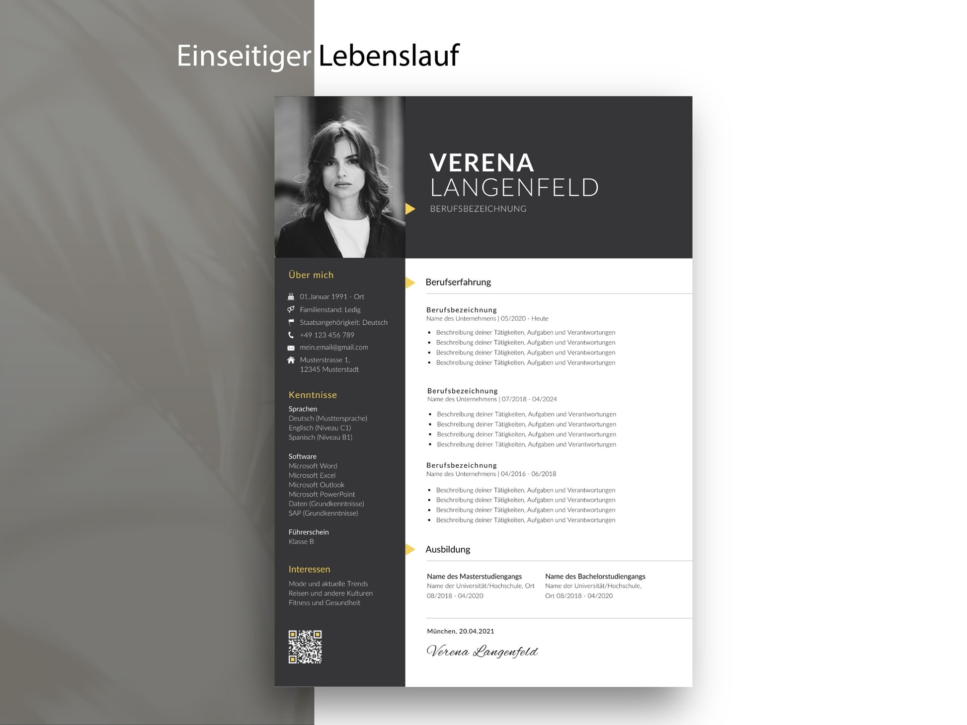Einseitige Lebenslauf Vorlage Deutsch im modernen Design für Word und Canva mit strukturierter Darstellung der Berufserfahrung.