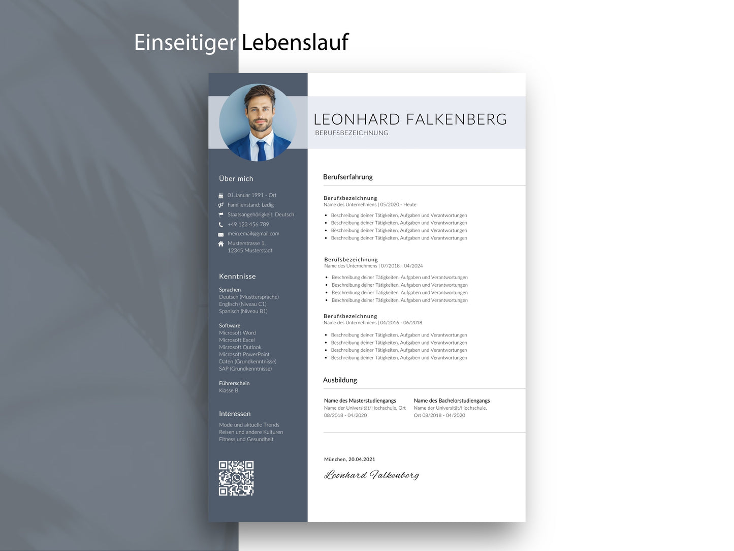 Einseitige Lebenslauf-Vorlage im Professional CV Set für eine klare Struktur deiner Berufserfahrung in Word und Canva.