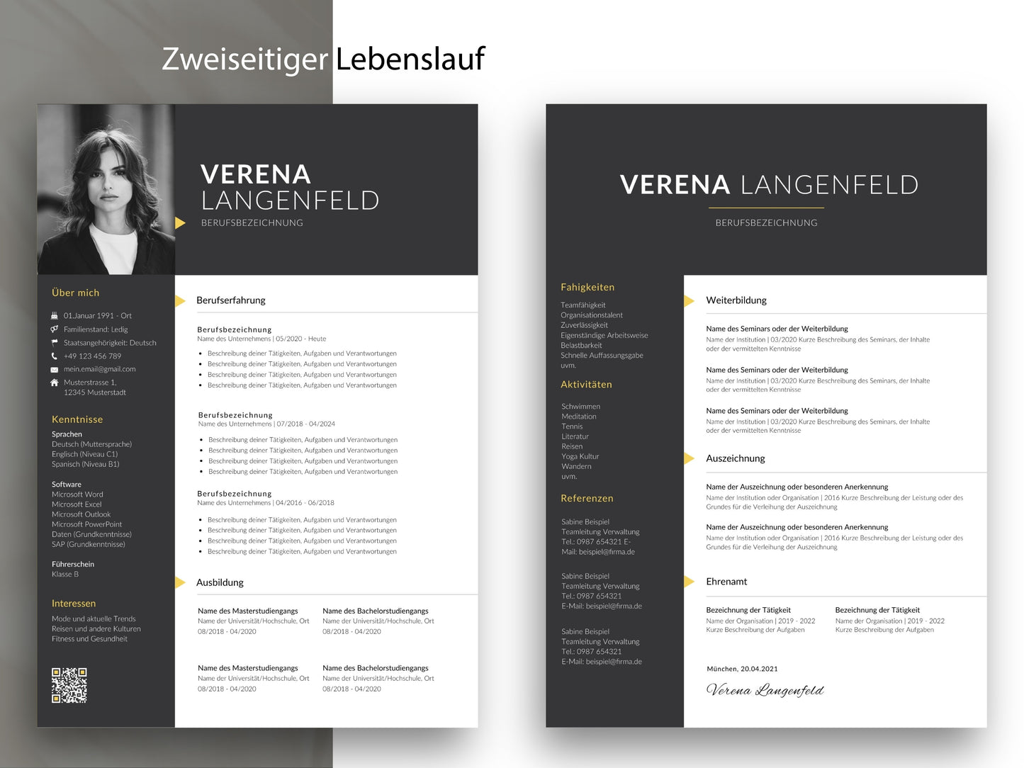 Zweiseitige Lebenslauf Vorlage Deutsch für Word und Canva mit viel Platz für berufliche Stationen, Kenntnisse und Hobbys.