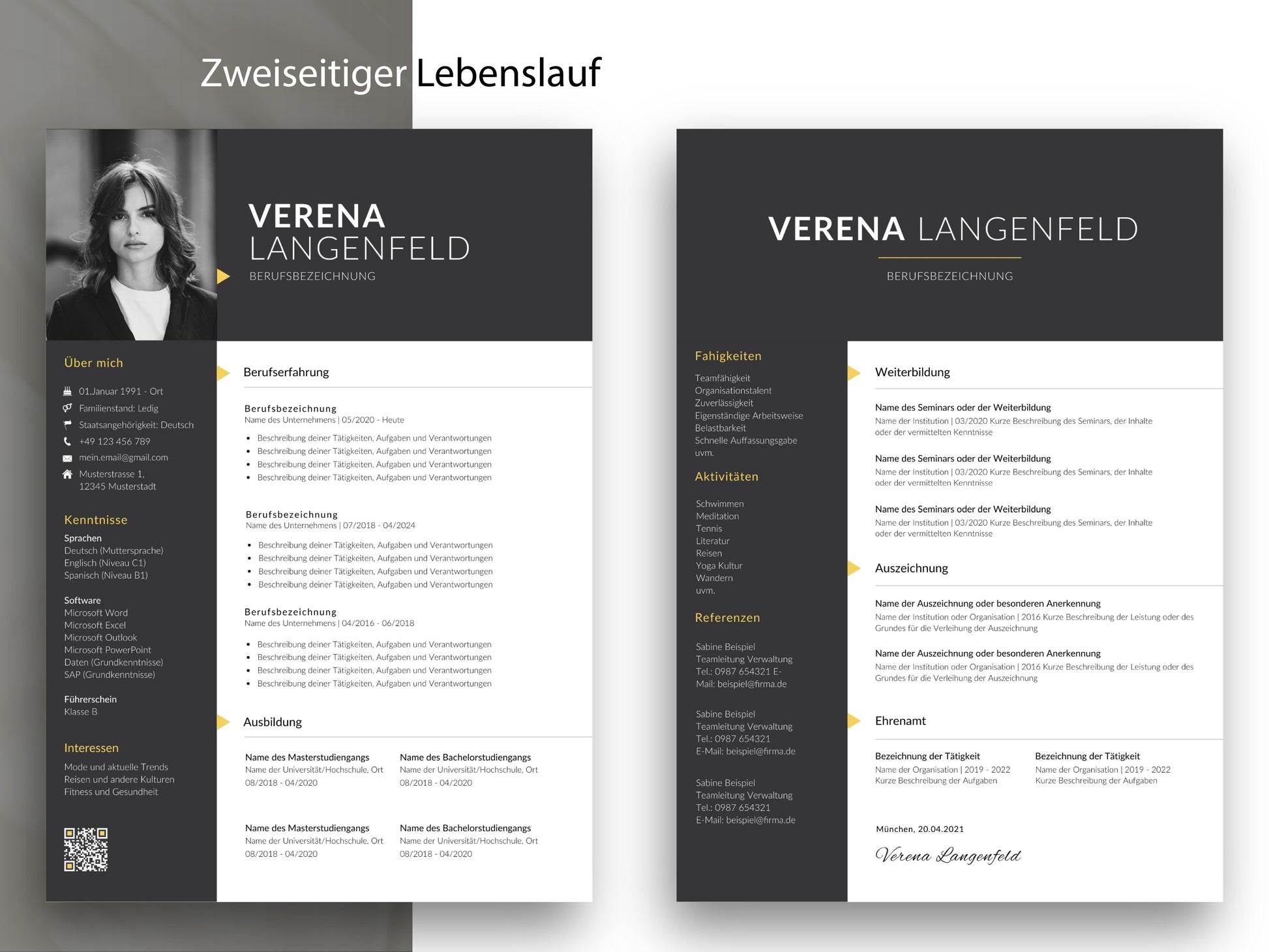 Zweiseitige Lebenslauf Vorlage Deutsch für Word und Canva mit viel Platz für berufliche Stationen, Kenntnisse und Hobbys.