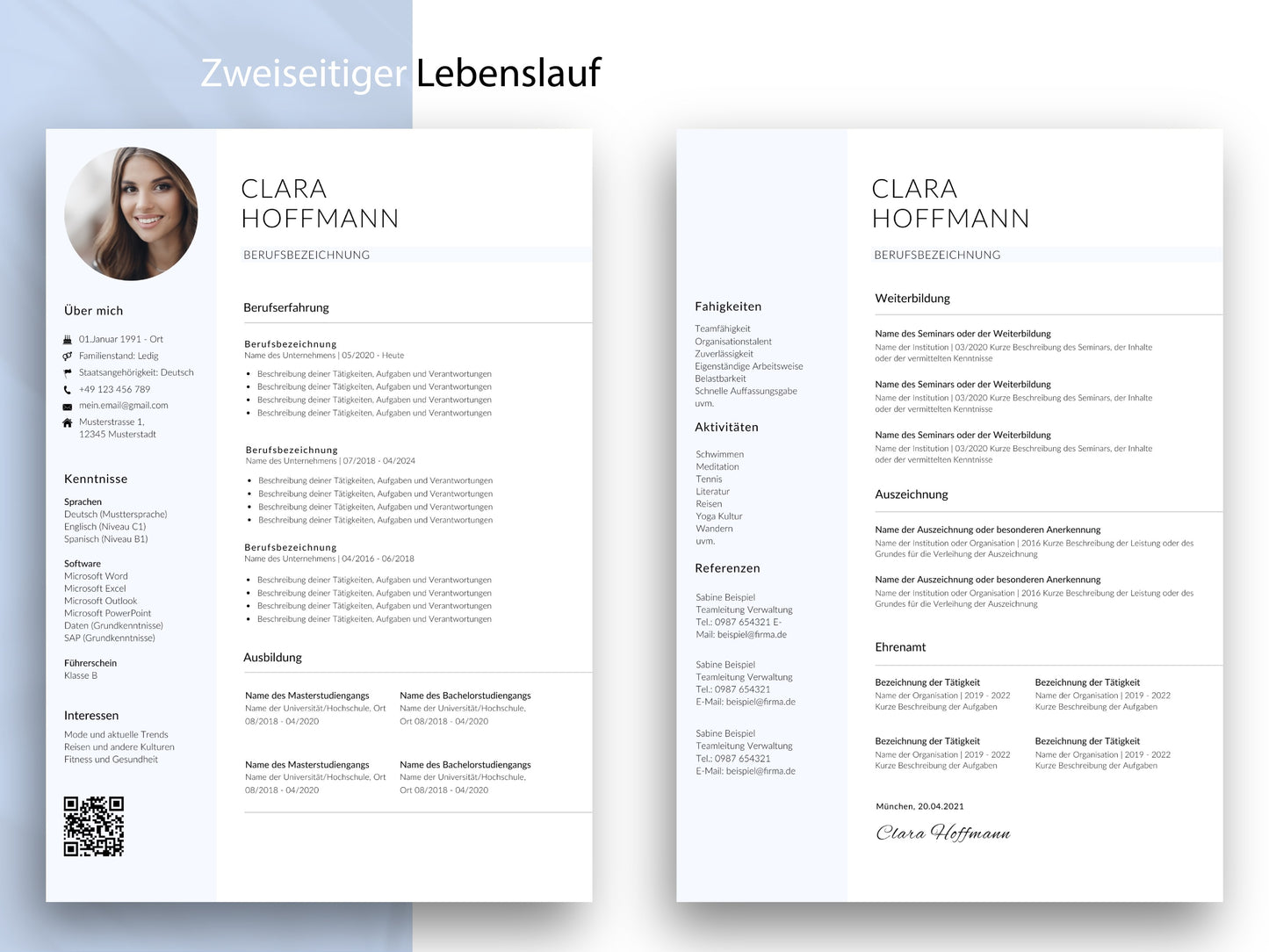 Zweiseitige Lebenslauf-Vorlage in Deutsch für Word und Canva mit Platz für Qualifikationen, Referenzen und Ehrenamt.