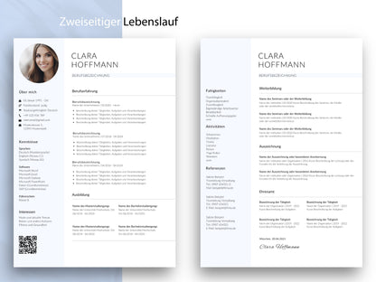 Zweiseitige Lebenslauf-Vorlage in Deutsch für Word und Canva mit Platz für Qualifikationen, Referenzen und Ehrenamt.