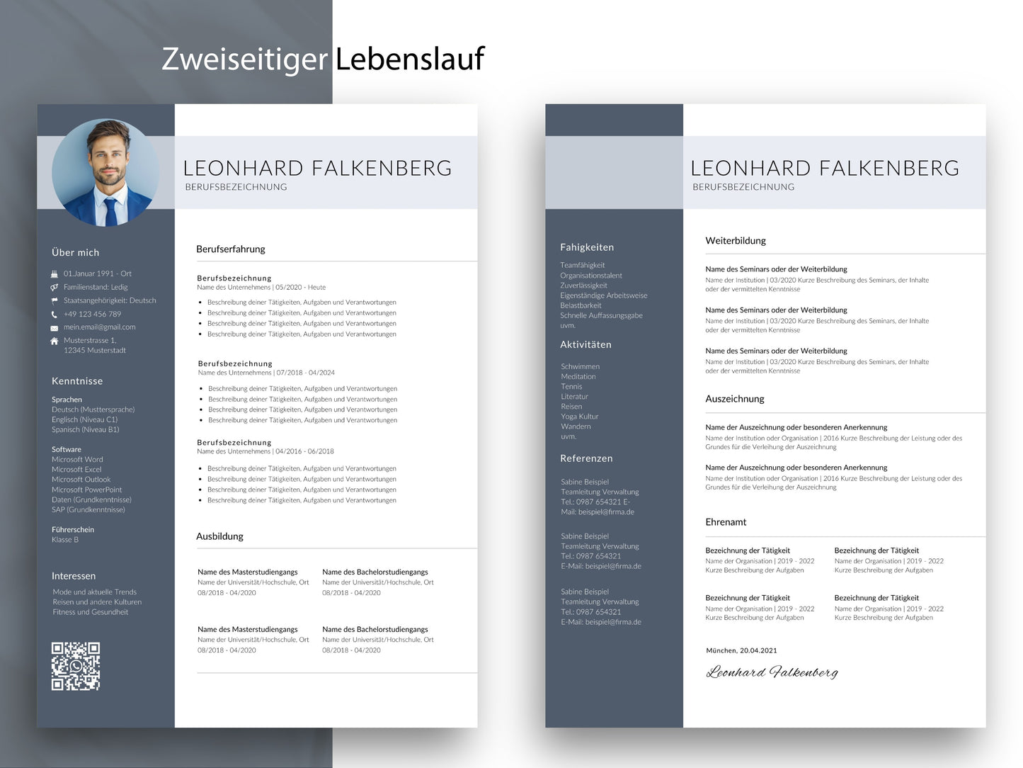 Zweiseitige Lebenslauf-Vorlage Professional für umfangreiche Berufserfahrung, als editierbare Canva- und Word-Datei.