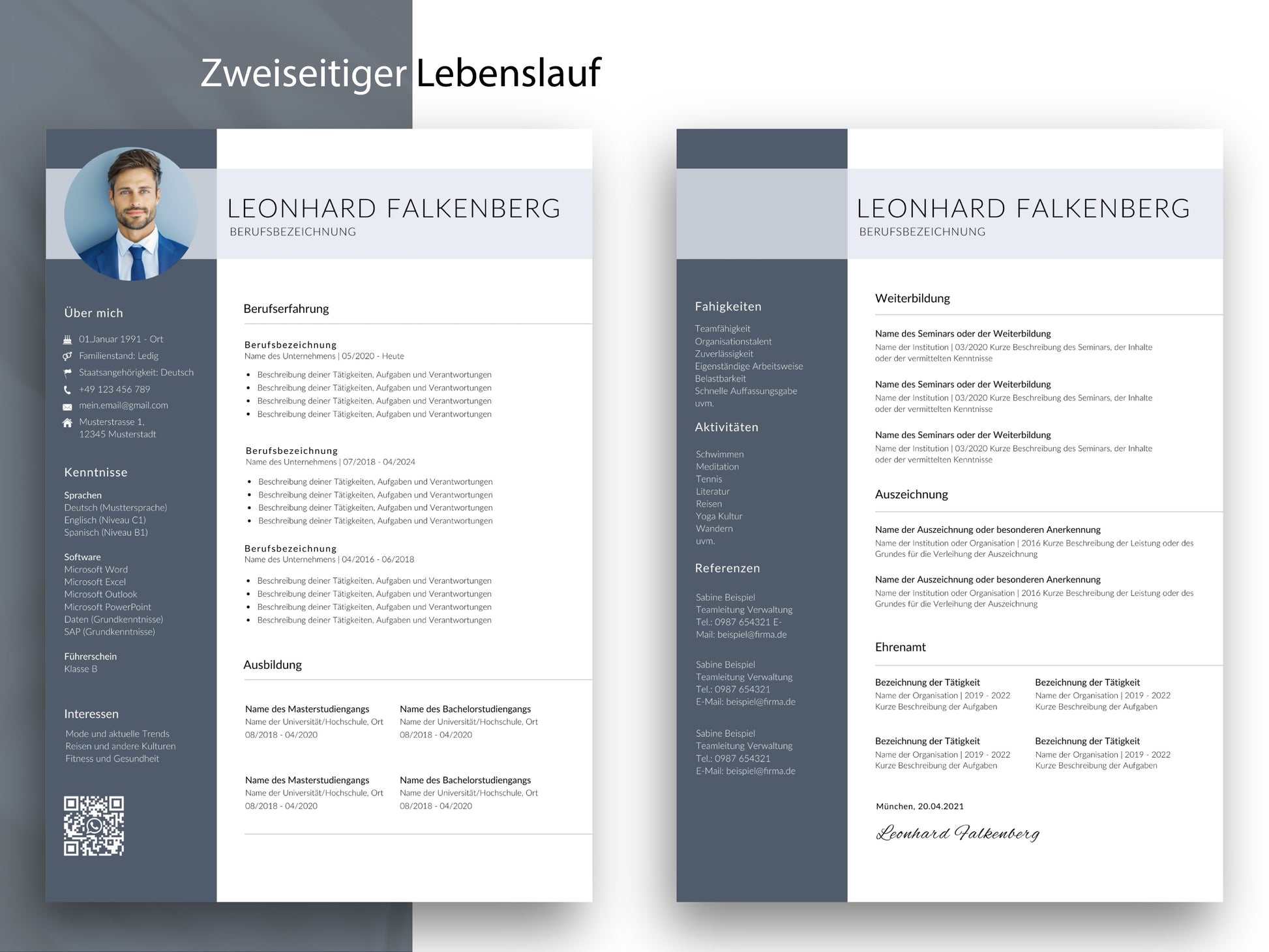 Zweiseitige Lebenslauf-Vorlage Professional für umfangreiche Berufserfahrung, als editierbare Canva- und Word-Datei.
